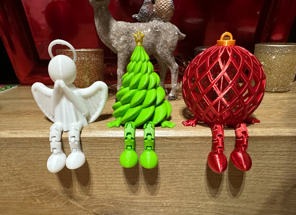 3D printed Christmas shelf sitter set with angel, Christmas tree, and red ornament