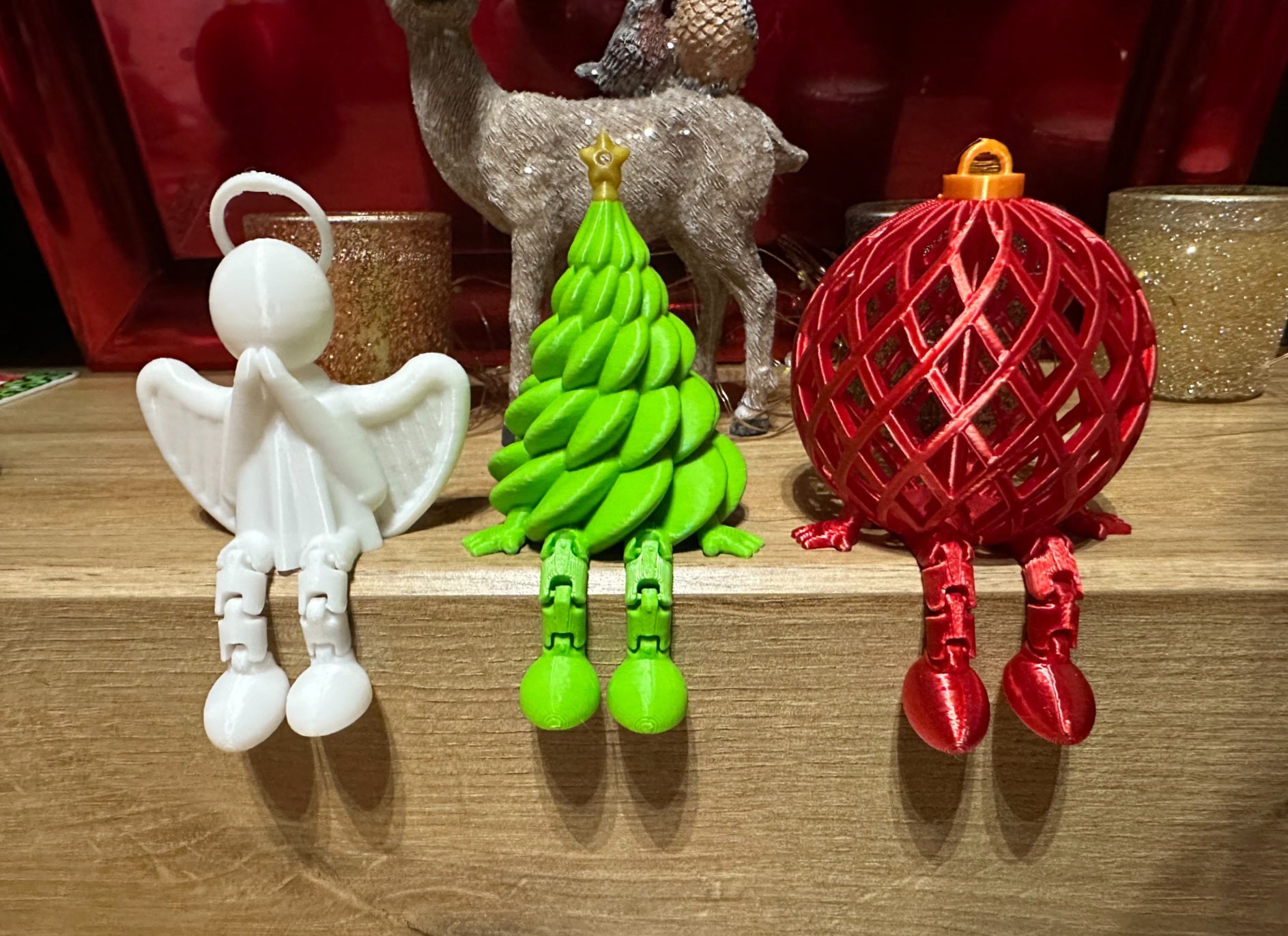 3D printed Christmas shelf sitter set with angel, Christmas tree, and red ornament