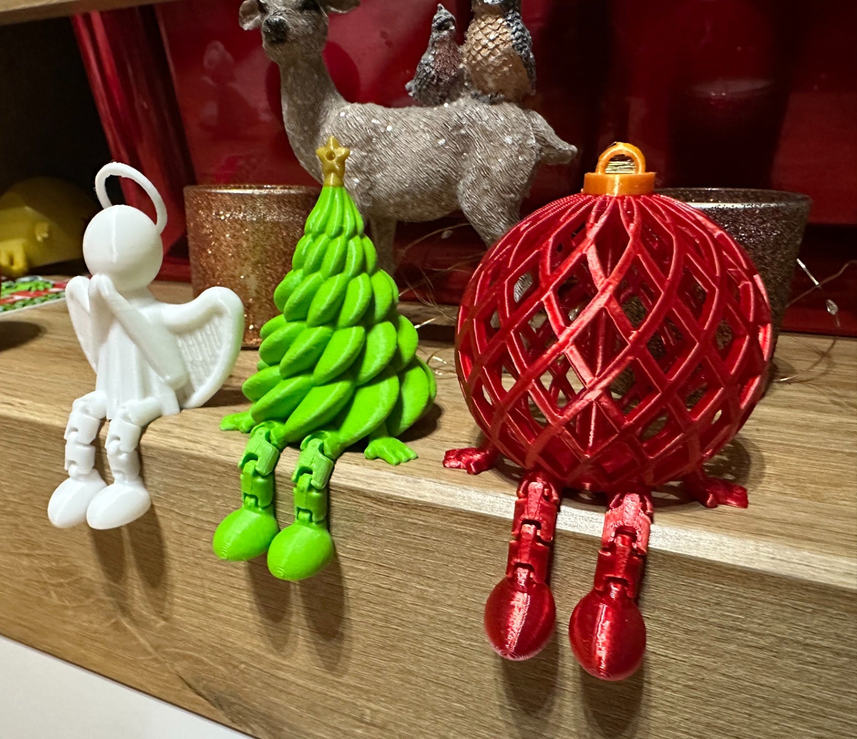Handmade 3D printed Christmas and Hanukkah holiday shelf sitter decorations