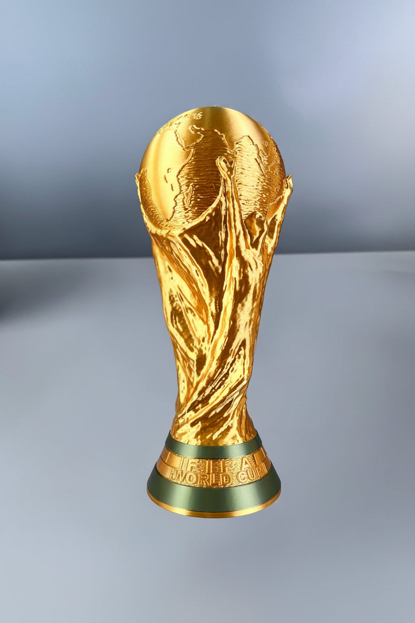 Troféu Copa do Mundo decorativo impresso em 3D dourado