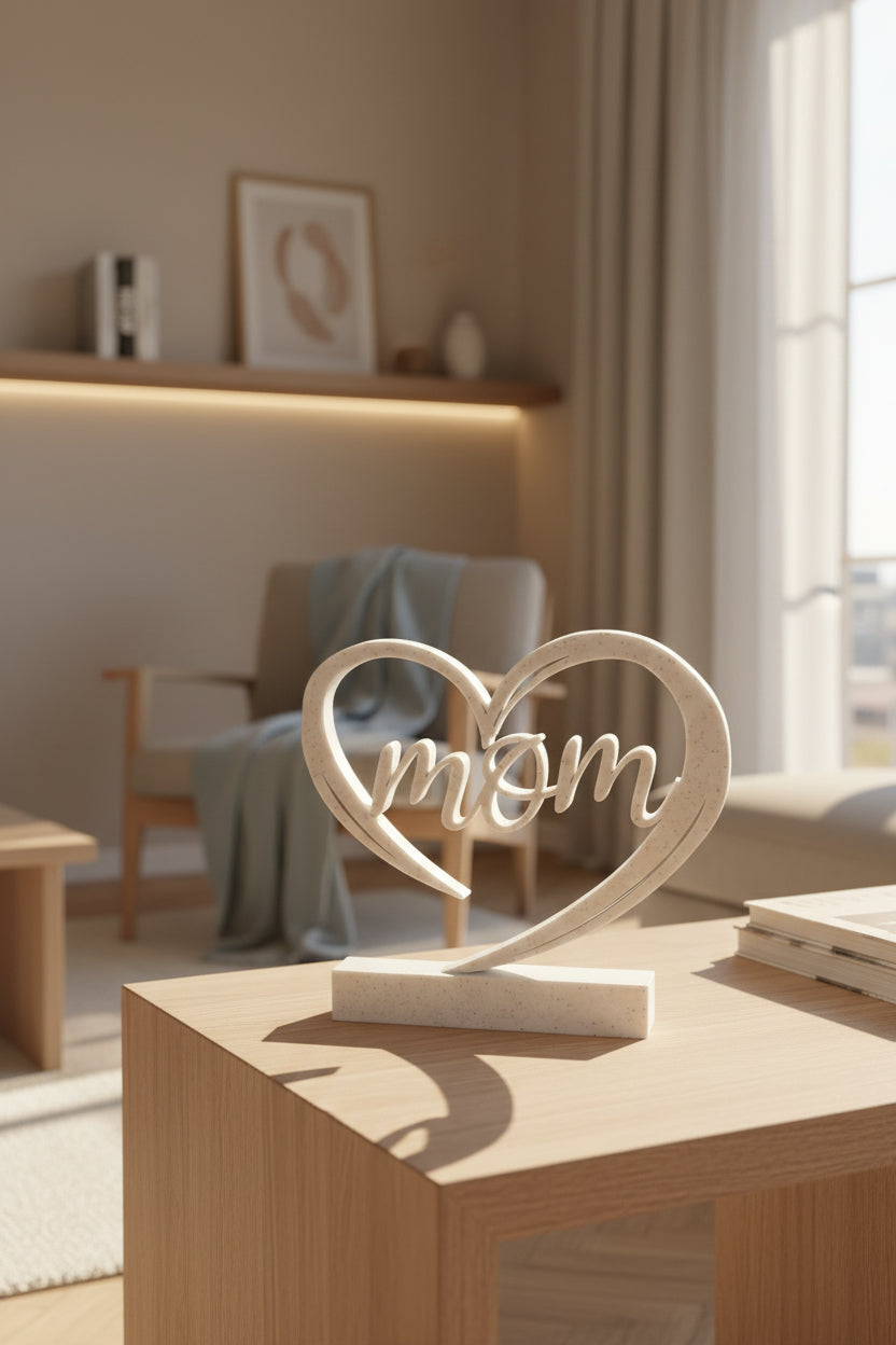 White 3D printed heart Mom standing decor