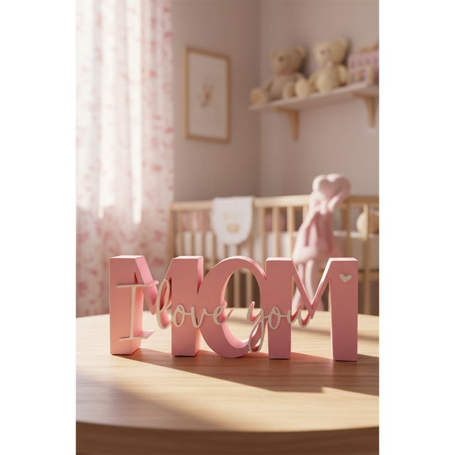 Pink 3D printed I Love You Mom table decor